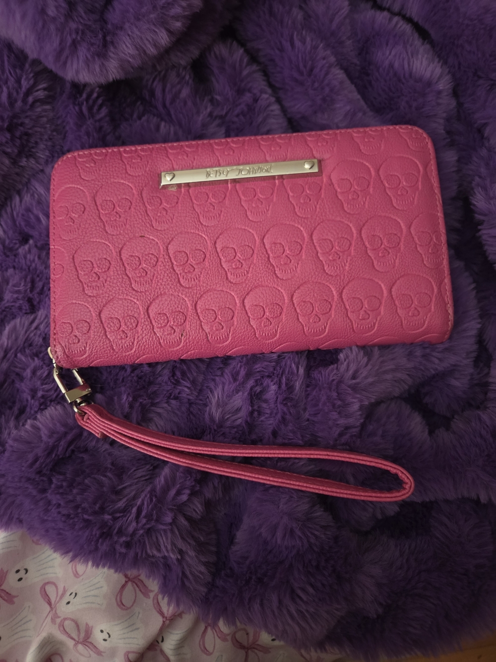 Betsey Johnson Pink Skull-Embossed Wristlet Wallet
